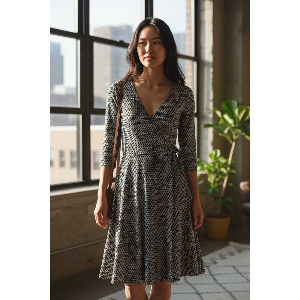 London Times Women’s A Linen Wrap Dress Size 8 Geometric Print